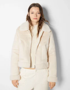 FEMME BERSHKA Vestes*Blouson biker cropped double face suédine