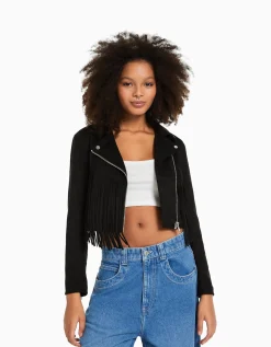 FEMME BERSHKA Vestes*Blouson biker suédine effrangé