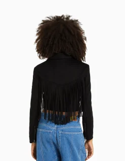 FEMME BERSHKA Vestes*Blouson biker suédine effrangé