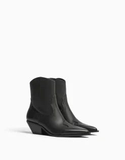FEMME BERSHKA Similicuir*Bottines cowboy à talon CUIR