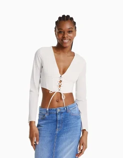 FEMME BERSHKA Chemises et blouses*Chemise corset moulante manches longues popeline laçage