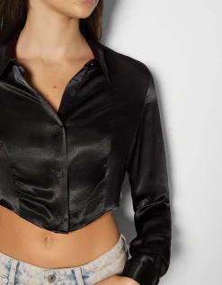 FEMME BERSHKA Chemises et blouses*Chemise cropped manches longues moulante satinée