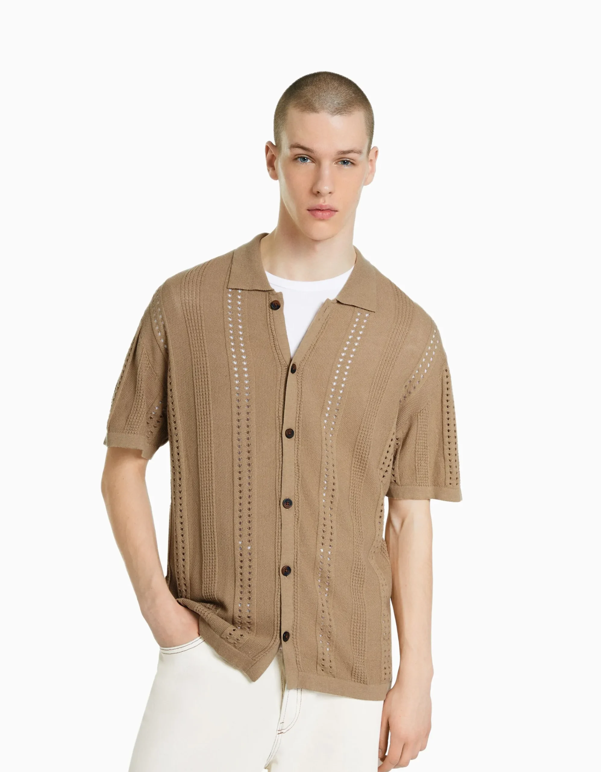 HOMME BERSHKA Chemises*Chemise manches courtes maille pointelle