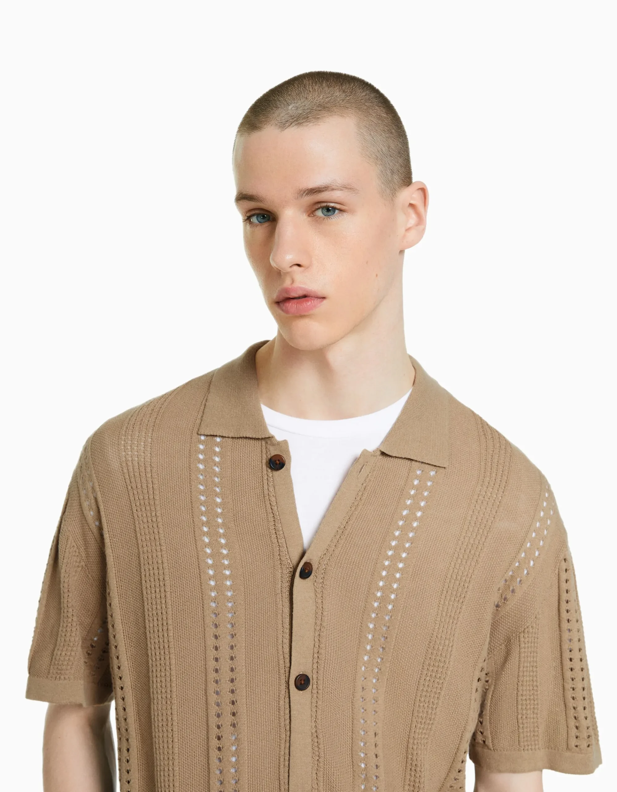 HOMME BERSHKA Chemises*Chemise manches courtes maille pointelle