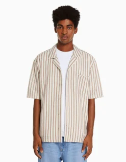 HOMME BERSHKA Chemises*Chemise manches courtes rustique rayures