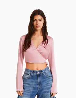 FEMME BERSHKA Chemises et blouses*Chemisier cache-cœur ballerine manches longues satiné