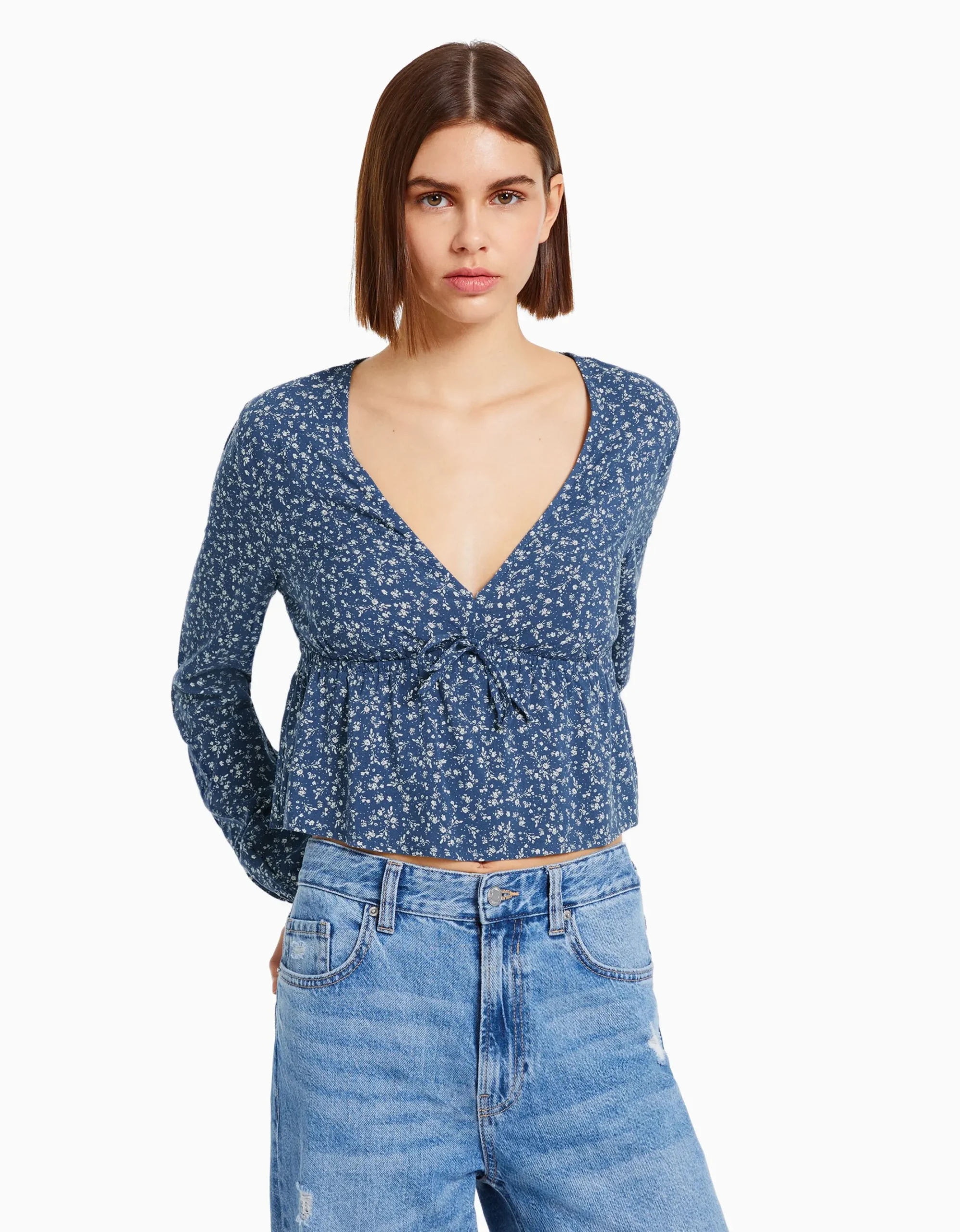 FEMME BERSHKA Chemises et blouses*Chemisier manches longues imprimé fleurs nœud