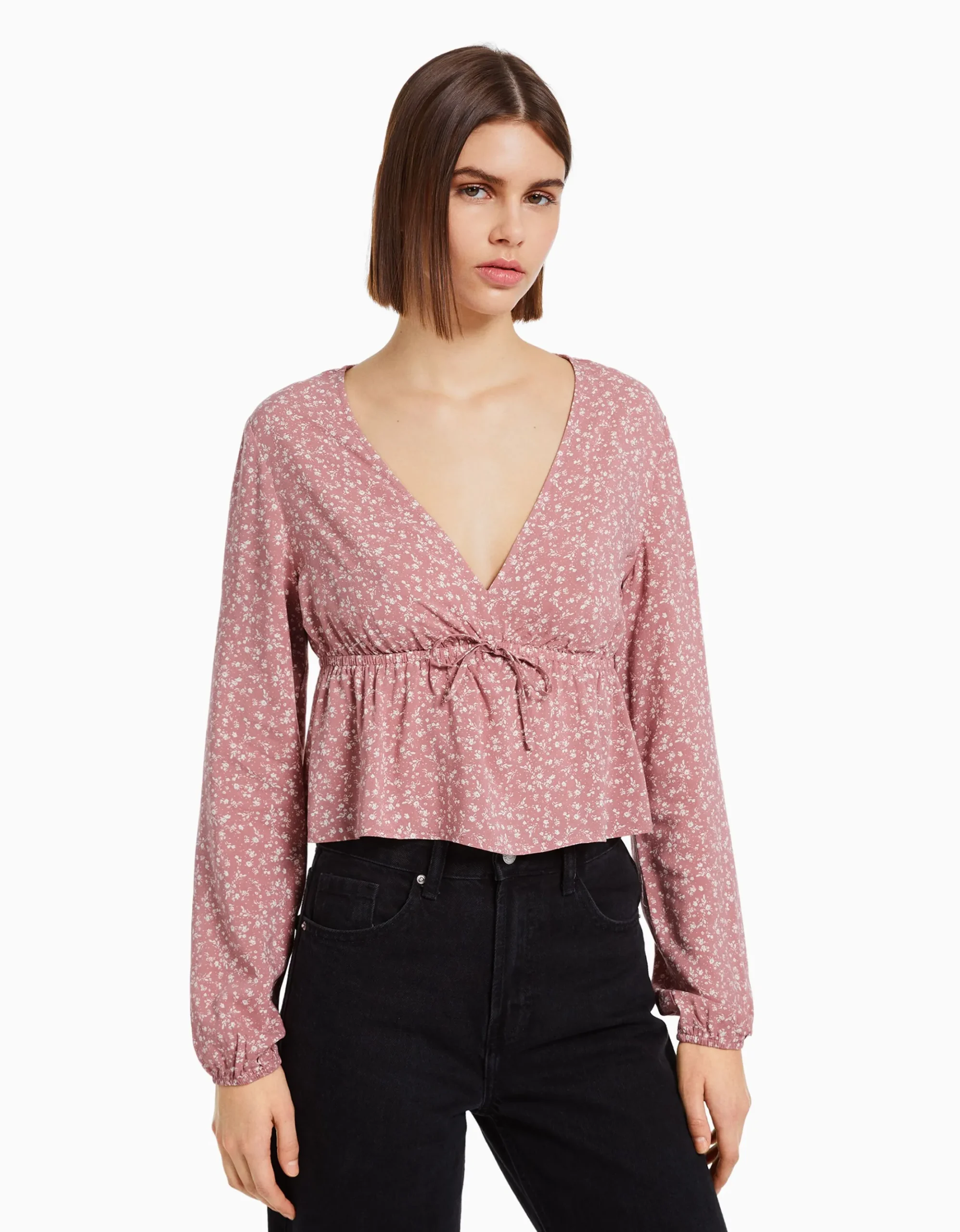 FEMME BERSHKA Chemises et blouses*Chemisier manches longues imprimé fleurs nœud