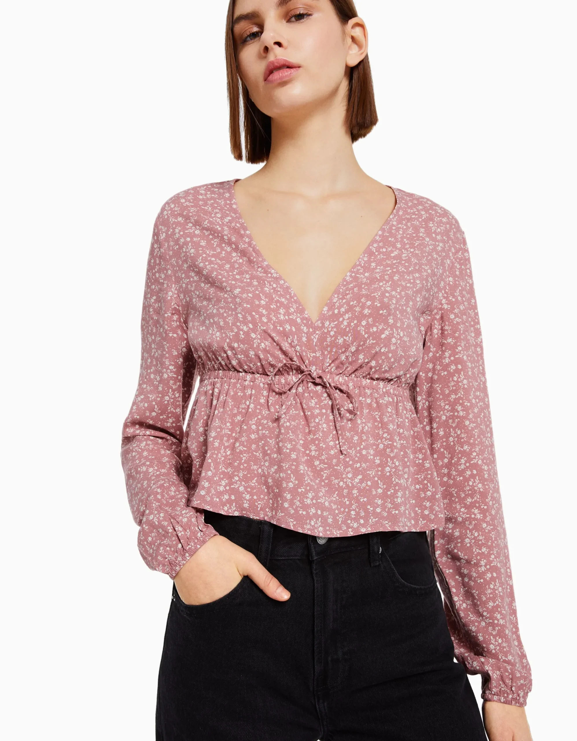 FEMME BERSHKA Chemises et blouses*Chemisier manches longues imprimé fleurs nœud