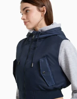 FEMME BERSHKA Vestes*Gilet bomber cropped sans manches capuche