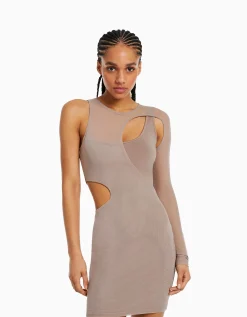 FEMME BERSHKA Robes*Mini-robe asymétrique tulle manches longues