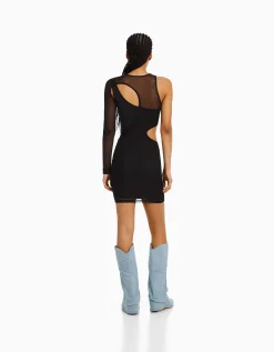 FEMME BERSHKA Robes*Mini-robe asymétrique tulle manches longues