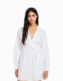 FEMME BERSHKA Vêtements*Mini-robe chemise manches longues cache-cœur