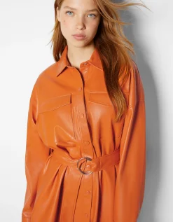 FEMME BERSHKA Robes*Mini-robe chemise manches longues ceinture similicuir