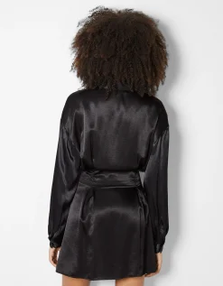 FEMME BERSHKA Robes*Mini-robe chemise satinée pinces ceinture
