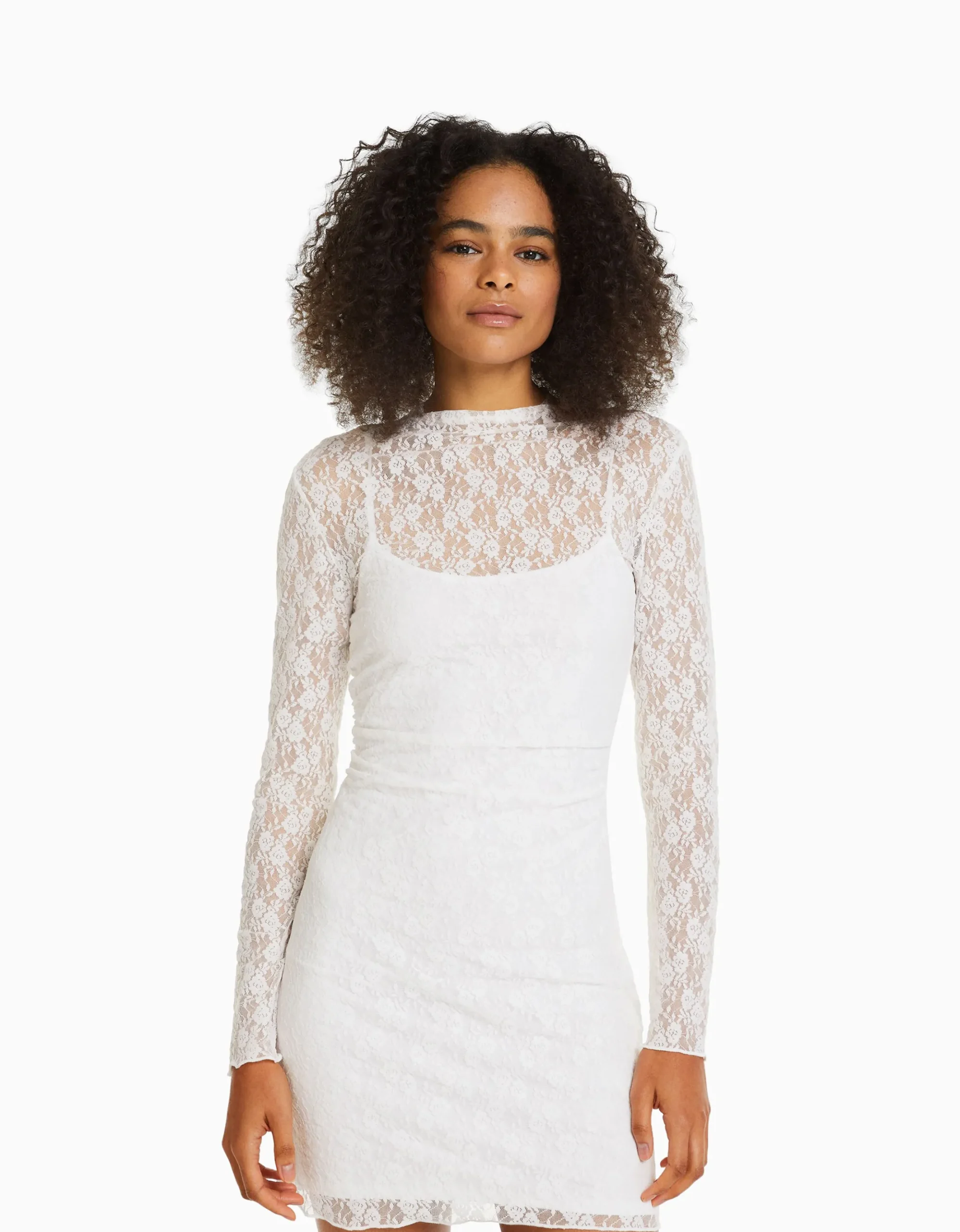 FEMME BERSHKA Vêtements*Mini-robe manches longues en dentelle détail encolure