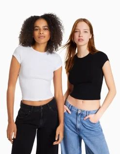 FEMME BERSHKA Packs*Pack 2 T-shirts manches courtes bord-côte