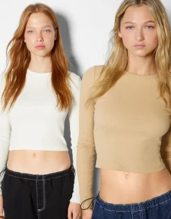 FEMME BERSHKA Basiques*Pack 2 T-shirts manches longues bord-côte