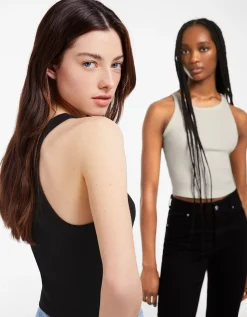 FEMME BERSHKA Packs*Pack 2 T-shirts sans manches bord-côte