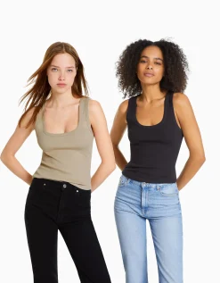 FEMME BERSHKA Tee-shirts*Pack 2 T-shirts sans manches bord-côte