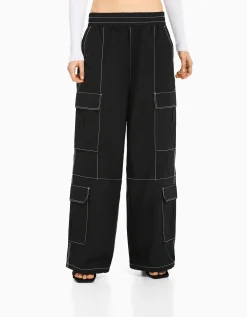 FEMME BERSHKA Vêtements*Pantalon cargo effet nylon fil contraste