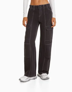 FEMME BERSHKA Vêtements*Pantalon cargo taille basse coton fil contraste