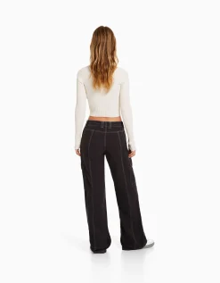 FEMME BERSHKA Basiques*Pantalon cargo taille basse coton fil contraste