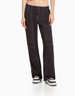FEMME BERSHKA Vêtements*Pantalon cargo taille basse coton fil contraste