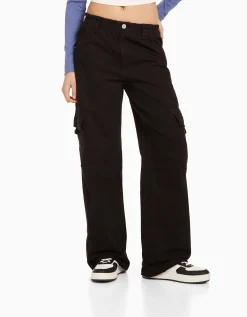 FEMME BERSHKA Cargo et parachute*Pantalon straight cargo sergé taille élastique