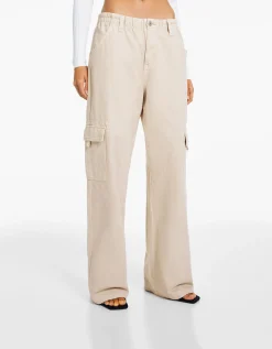 FEMME BERSHKA Pantalons*Pantalon straight cargo sergé taille élastique