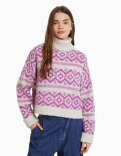 FEMME BERSHKA Maille*Pull à col montant en jacquard