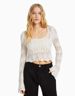 FEMME BERSHKA Maille*Pull col carré ajouré