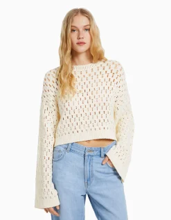 FEMME BERSHKA Maille*Pull col rond rustique ajours