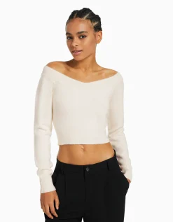 FEMME BERSHKA Basiques*Pull court col en V