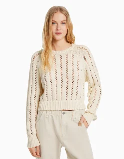 FEMME BERSHKA Maille*Pull cropped col rond ajours