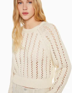 FEMME BERSHKA Maille*Pull cropped col rond ajours