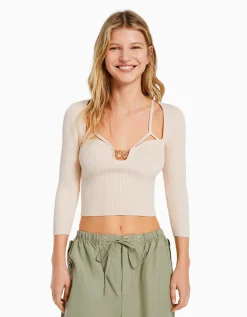 FEMME BERSHKA Party Collection*Pull décolleté pierres fantaisie