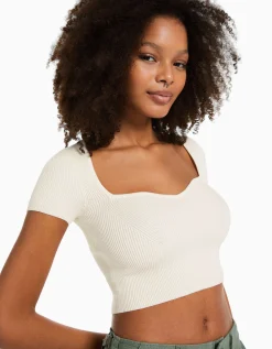 FEMME BERSHKA Tee-shirts*Pull maille manches courtes encolure cœur
