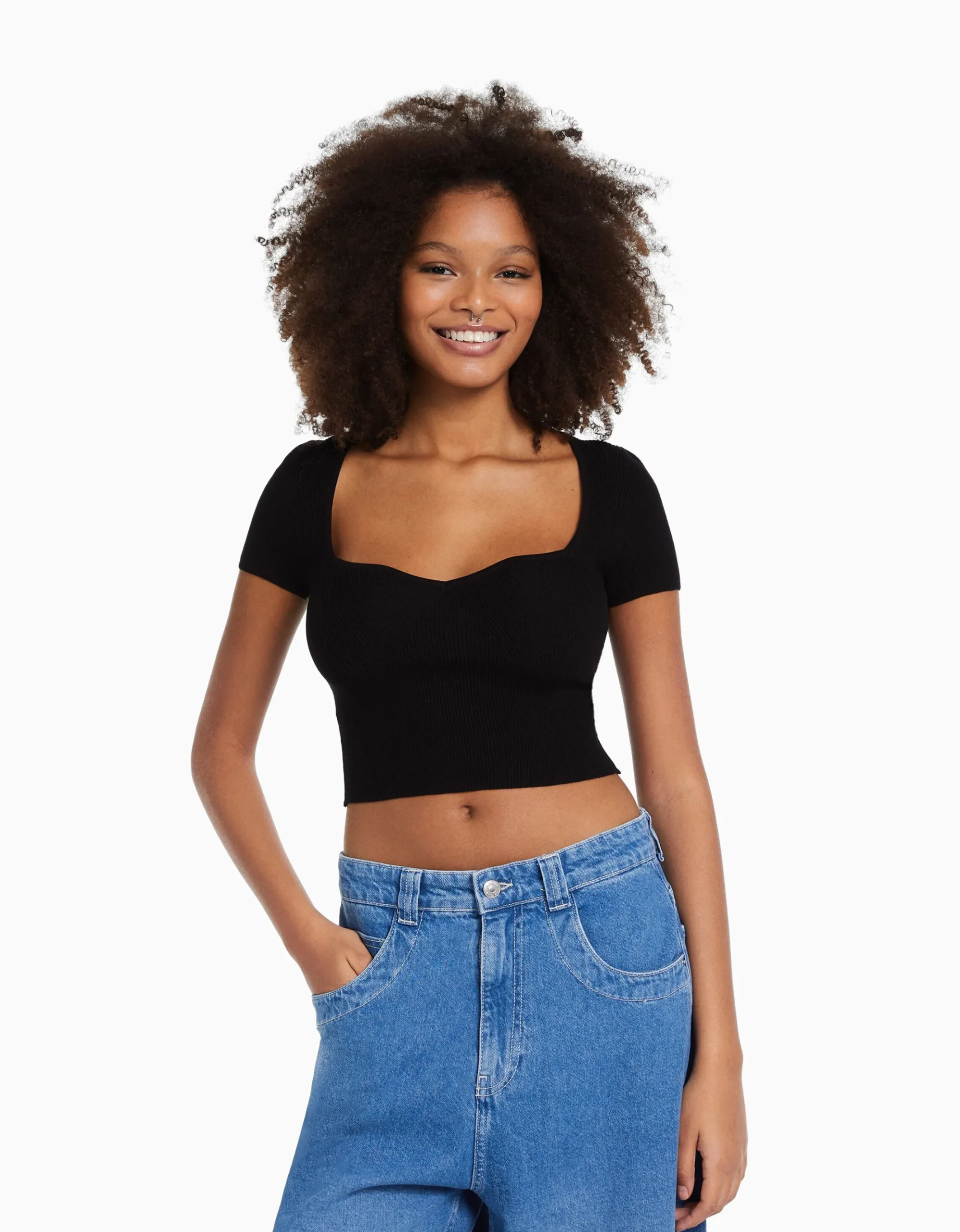 FEMME BERSHKA Tee-shirts*Pull maille manches courtes encolure cœur