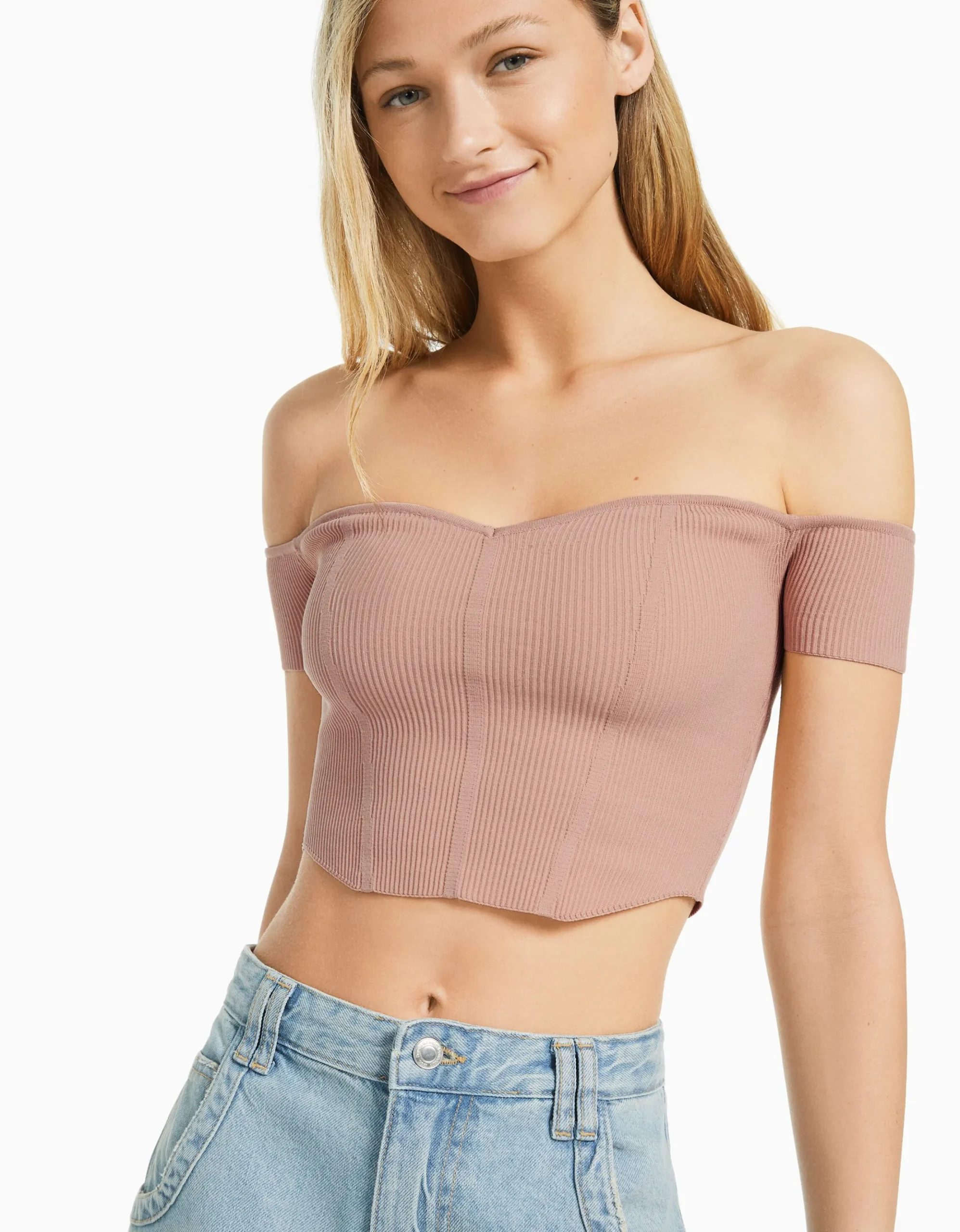 FEMME BERSHKA Tops et corsets*Pull manches courtes corset Bardot