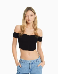 FEMME BERSHKA Tops et corsets*Pull manches courtes corset Bardot