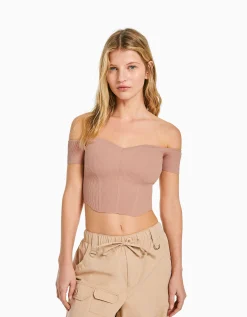 FEMME BERSHKA Tops et corsets*Pull manches courtes corset Bardot