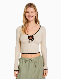 FEMME BERSHKA Maille*Pull manches longues col nœud bord-côte