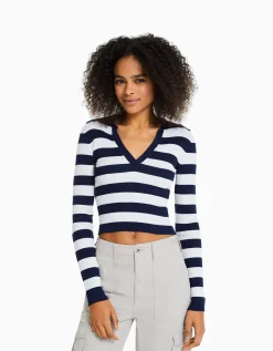 FEMME BERSHKA Maille*Pull rayé col polo bord-côte