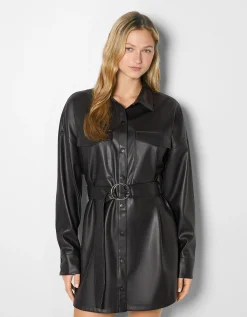 FEMME BERSHKA Robes*Robe chemise manches longues ceinture similicuir