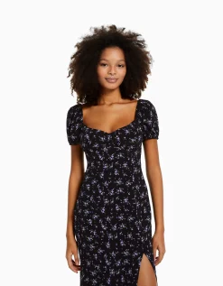FEMME BERSHKA Robes*Robe midi manches courtes imprimé fleurs