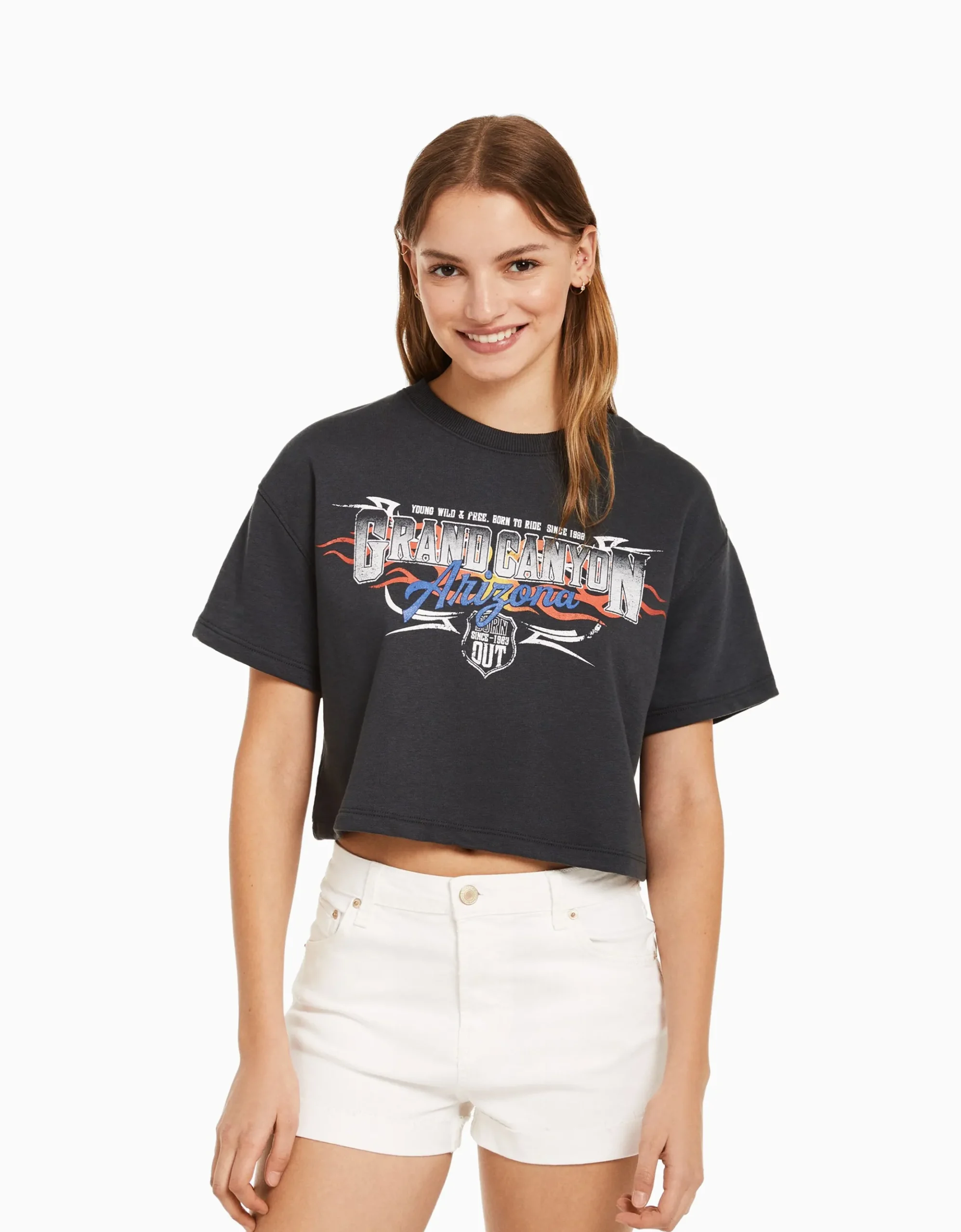 FEMME BERSHKA Tee-shirts*Sweat cropped imprimé manches courtes