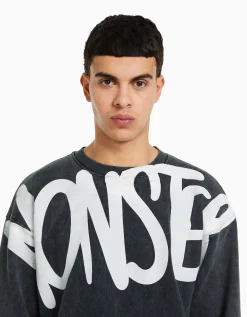 HOMME BERSHKA Vêtements*Sweat oversize effet délavé imprimé