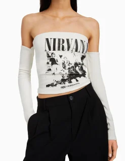 FEMME BERSHKA Vêtements*Top bandeau manches longues imprimé Nirvana