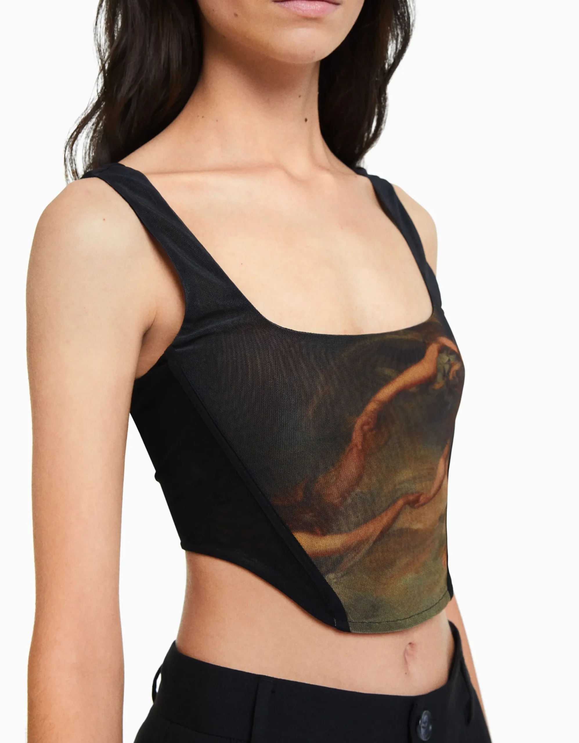 FEMME BERSHKA Tops et corsets*Top corset tulle imprimé Art Series